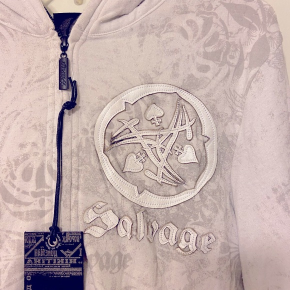 NIP Buckle Salvage Sun Spade Leather Patch Zip Front Hooded Lt Gray Khama Jacket - Picture 9 of 12